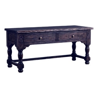 Antique Stately Primitive Mexican-Style Secretarial Writing Table - Carved Solid Wood Desk With Historied Weathering For Sale
