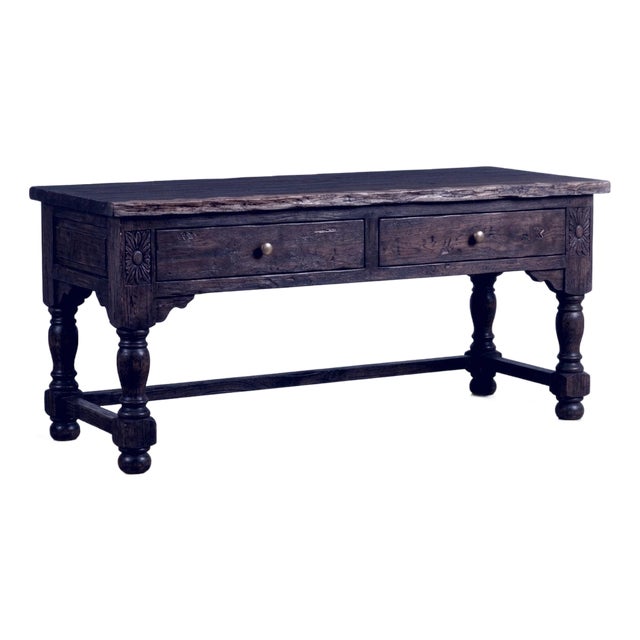 Antique Stately Primitive Mexican-Style Secretarial Writing Table - Carved Solid Wood Desk With Historied Weathering For Sale