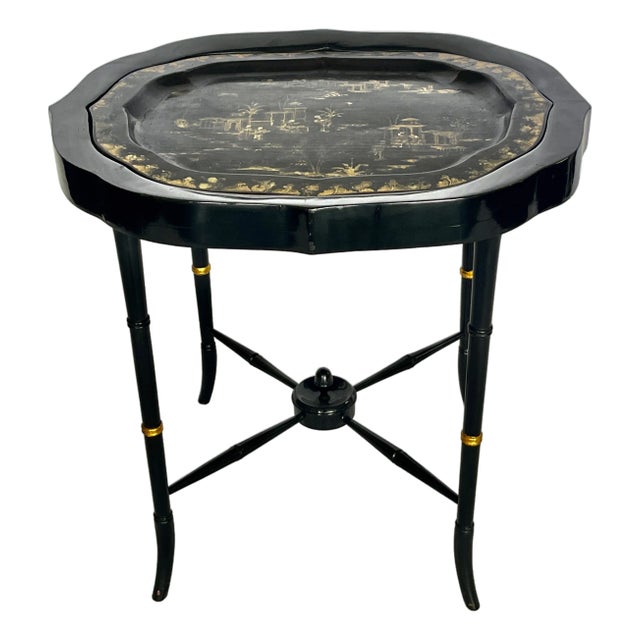 French Antique Papier Mache Large Serving Tray on Stand, C1880 For Sale