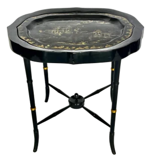 French Antique Papier Mache Large Serving Tray on Stand, C1880