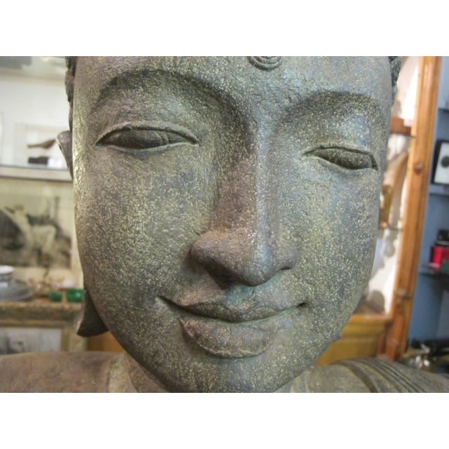 Figurative Chinese Qing Dynasty Large Stone Buddha Head Sculpture on Wood Stand For Sale - Image 3 of 9