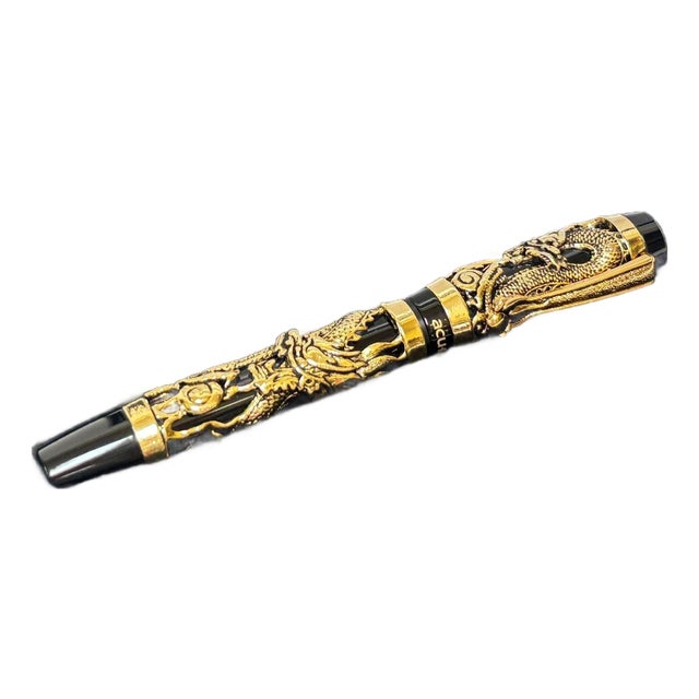 Dragon Motif Fountain Pen, Gold Overlay on Black, Acura, Mint in Box Circa 1990 For Sale