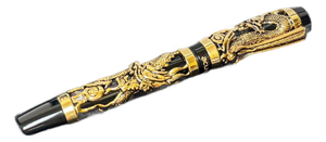 Dragon Motif Fountain Pen, Gold Overlay on Black, Acura, Mint in Box Circa 1990