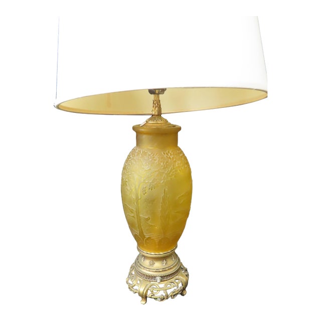 Steuben Acid Cut Yellow Ochre Jade Glass Liberty Table Lamp For Sale