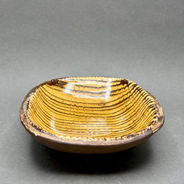 Mid 20th Century Vintage Mid-Century Studio Art Pottery Mustard Yellow and Brown Striped Ceramic Dish Catchall For Sale - Image 5 of 6