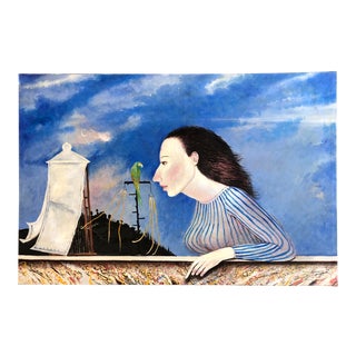 Original Italian Surrealist Painting Woman With Green Parrot Signed Bruno Grassi (Listed) For Sale