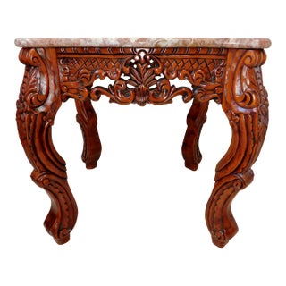 Vintage Chinese Heavily Carved Rosewood Pink Marble Top Side/End Accent Table For Sale