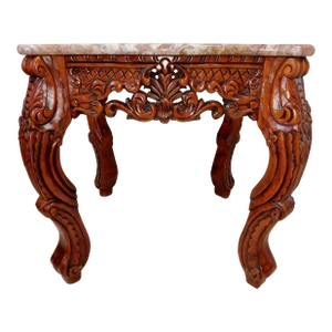 Vintage Chinese Heavily Carved Rosewood Pink Marble Top Side/End Accent Table