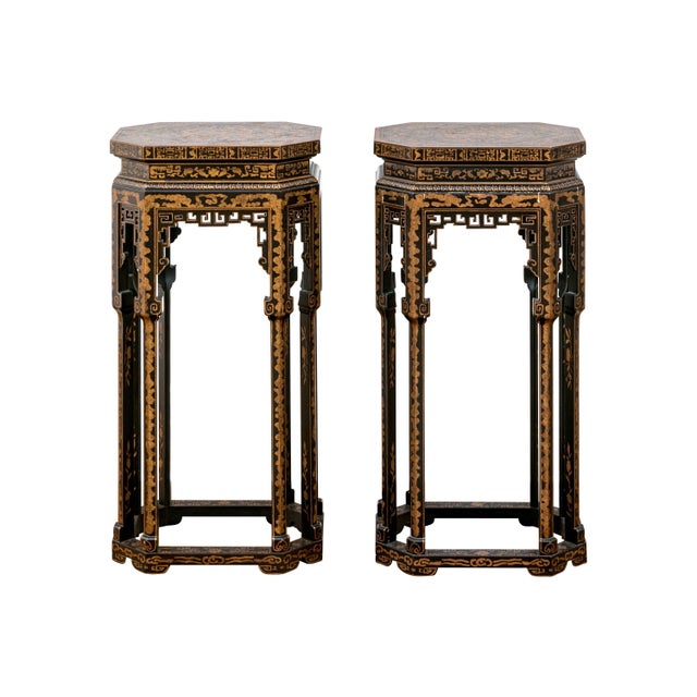 Vintage Chinoiserie Black Lacquered Octagonal Pedestal Stands—A Pair For Sale - Image 12 of 12