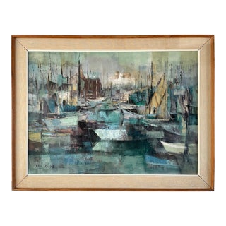 1960s Vintage Harbor Scene Jean Kalisch Abstract Painting Oil on Board For Sale