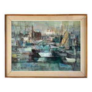 MCM Seascape 1960s Jean Kalisch Abstract Painting Oil on Board Harbor Scene