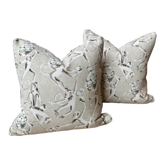 Beige Taupe and Cream Linen Monkey Pillows Pair For Sale