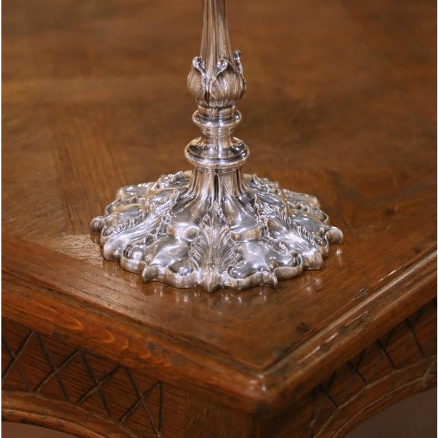 Silver Pair of French Rococo Style Silver Plated Three-Light Candelabras For Sale - Image 8 of 13
