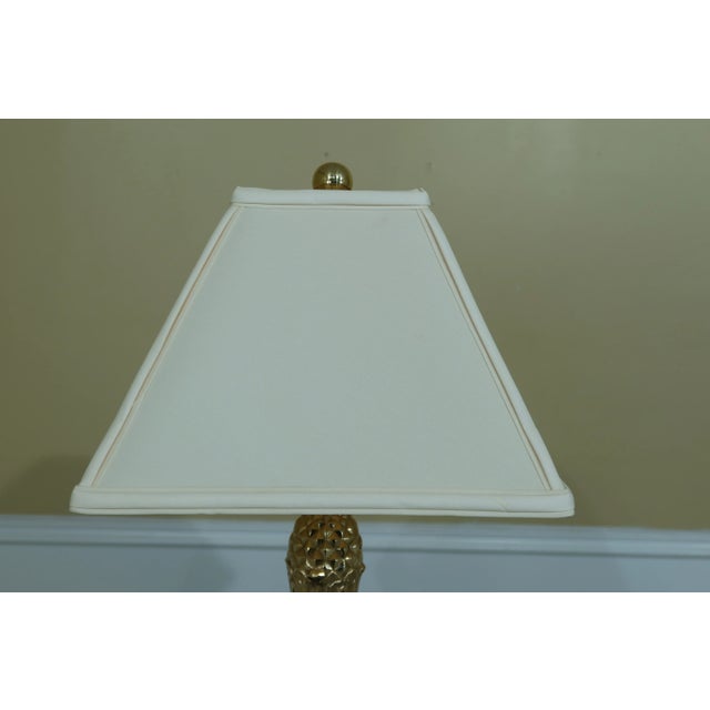 Traditional 1990s Pine Cone Top Brass Column Lamp W/ Shade For Sale - Image 3 of 8