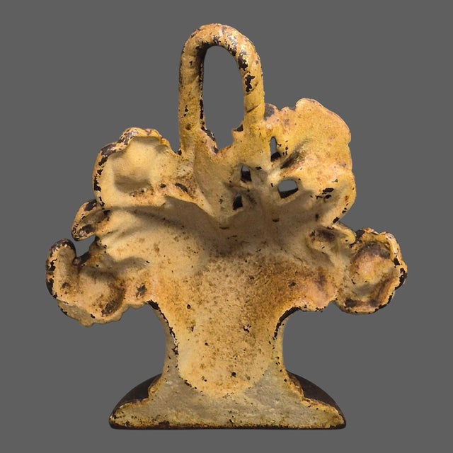 Metal Antique Cast Iron Yellow Flower Basket Doorstop For Sale - Image 7 of 8