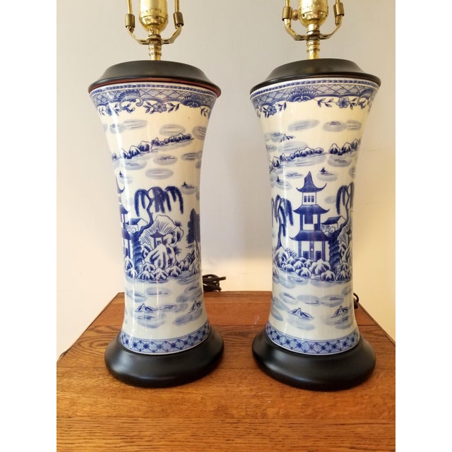 Wood Late 20th Century Asian Brush Pot Blue and White Lamps - a Pair For Sale - Image 7 of 11