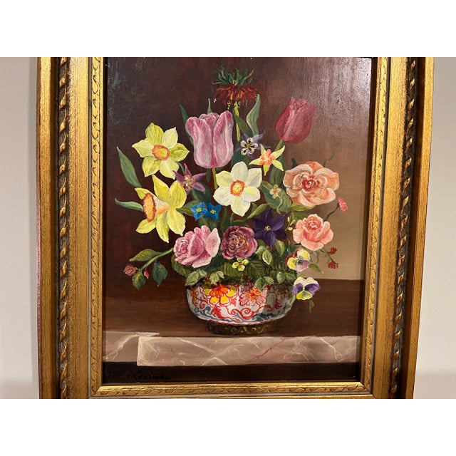 For your consideration is this lovely, vintage oil painting of a spring bouquet, in a beautifully detailed vase, sitting...