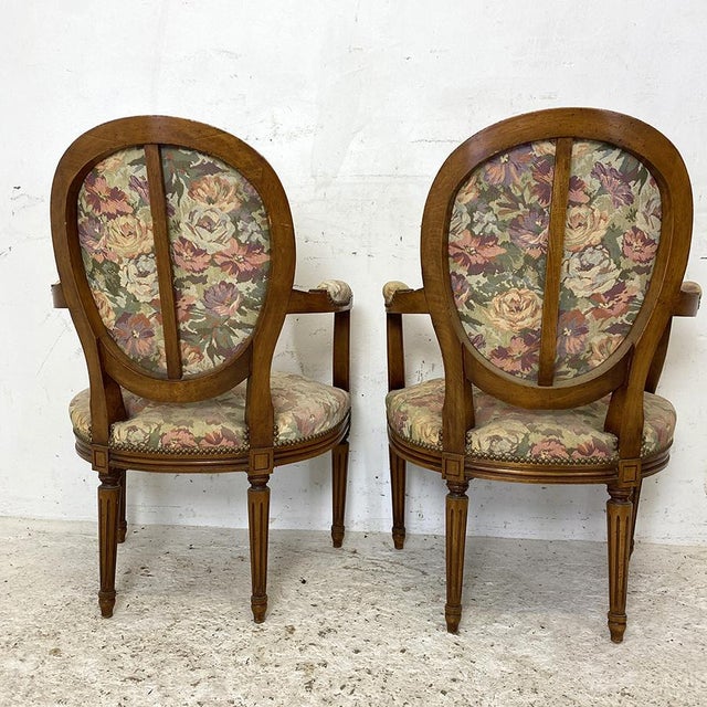 Textile Louis XVI Style Cabriolet Armchairs with Medallion Backs, Set of 2 For Sale - Image 7 of 12