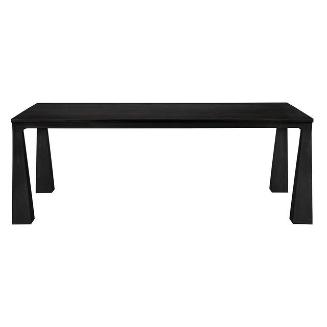 This elegant Charcoal Black dining table showcases a minimalist design with tapered, flared legs and a rectangular top....