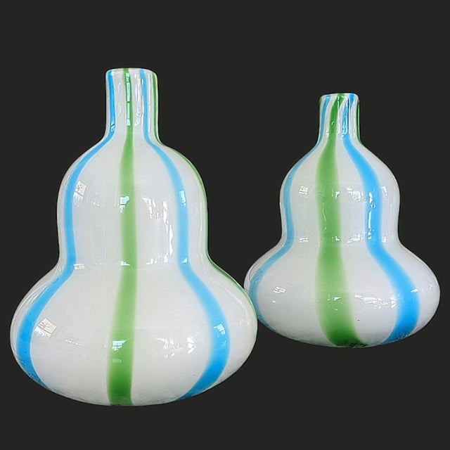 Mid century modern style gourd shaped vases In the style of Jonathan Adler Has beautiful aqua blue and green stripes on a...