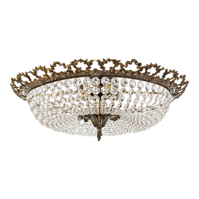 Large Brass & Crystal Semi Flush Mount Basket Chandelier, Spain 1950s For Sale