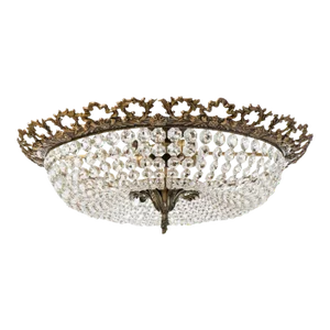 Large Brass & Crystal Semi Flush Mount Basket Chandelier, Spain 1950s