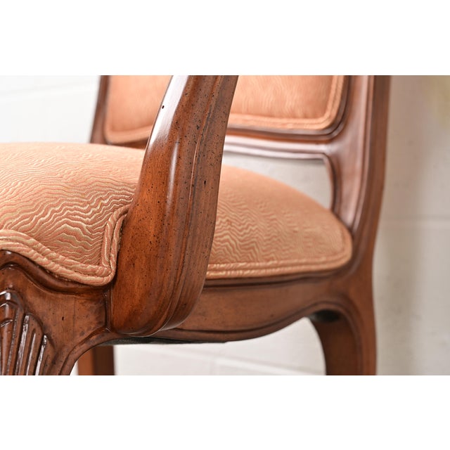 Brown Baker Furniture French Provincial Louis XV Carved Walnut Armchairs or Dining Captain Chairs, Pair For Sale - Image 8 of 13