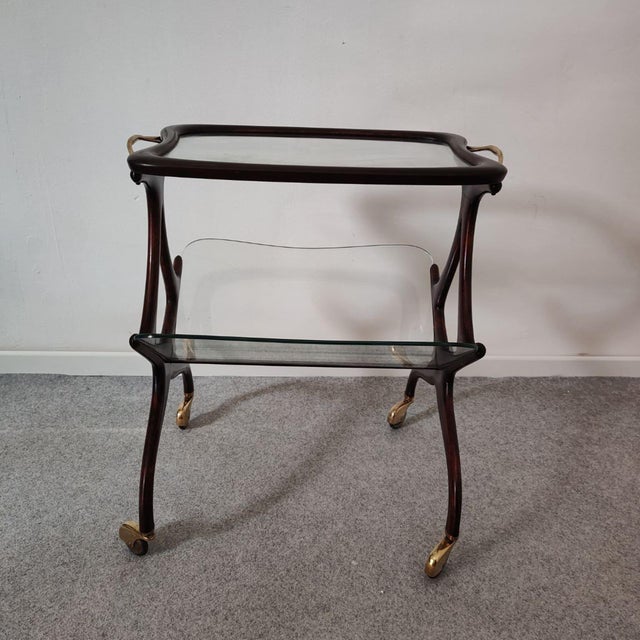 1950s 1950s Italian Wood, Glass and Brass Bar Cart With Magazine Rack, Attributed to Cesare Lacca For Sale - Image 5 of 11