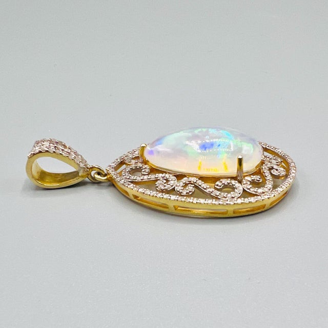 Metal Vintage Art Deco Style Pear Opal and Diamond Teardrop Statement Pendant in Gilded 925 Silver, 1980s For Sale - Image 7 of 15