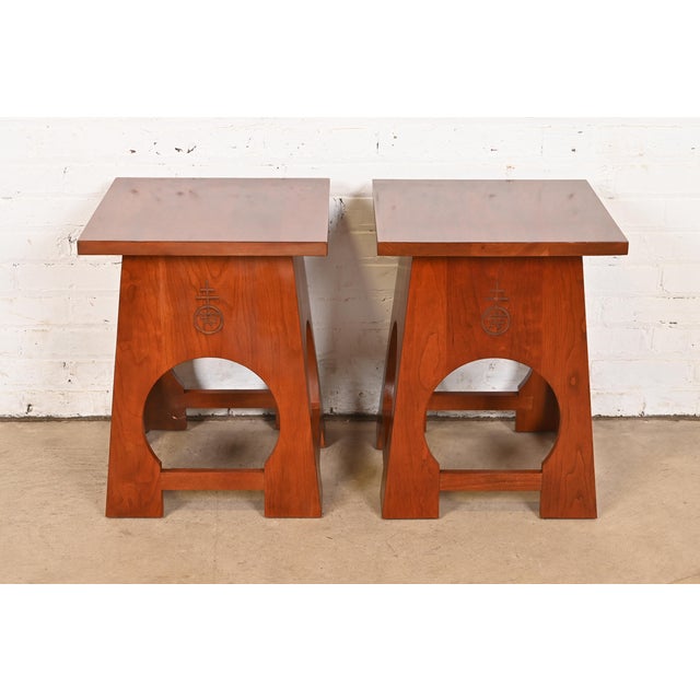 Mission Roycroft Arts & Crafts Cherry Wood Tabourets by Stickley, Pair For Sale - Image 3 of 10