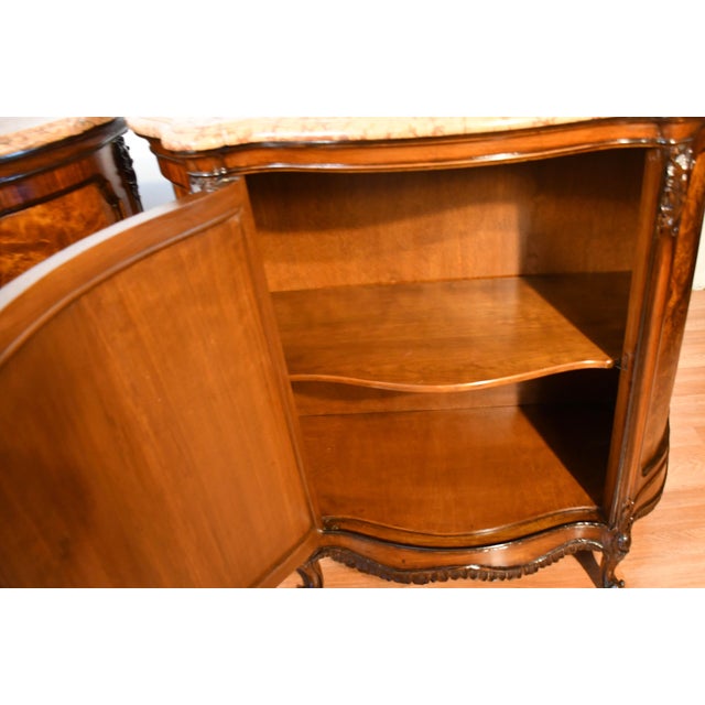 1890s Antique French Louis XV Burl Walnut Marble Top Pair of Cabinets Credenzas For Sale - Image 12 of 18