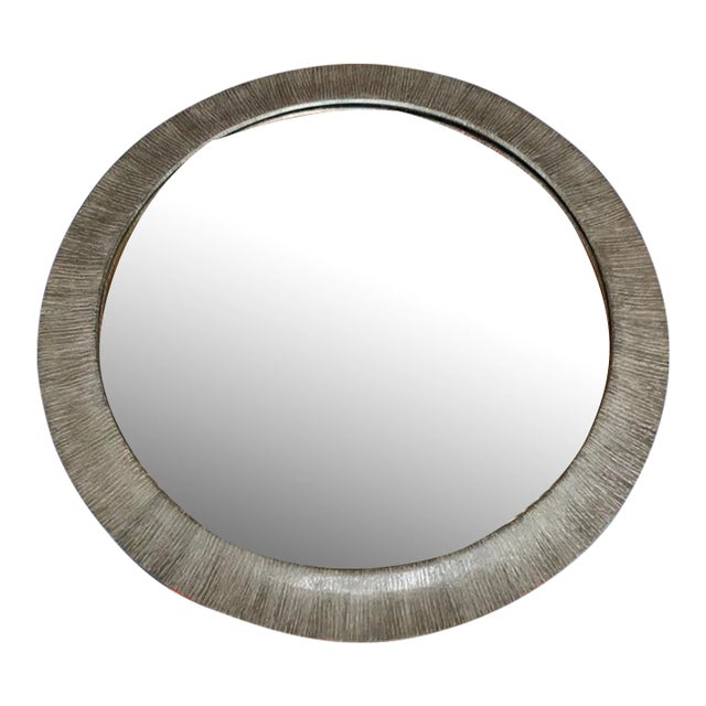 Caracole Transitional Modern Round Mirror Featuring a Silver-Wash Wood Finish For Sale