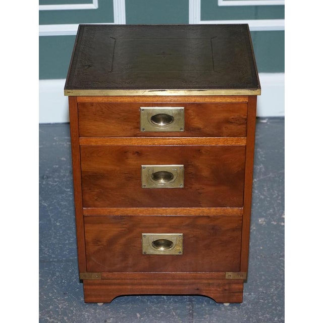 Animal Skin Military Campaign Yew Wood Bedside Table with Green Leather Top For Sale - Image 7 of 14