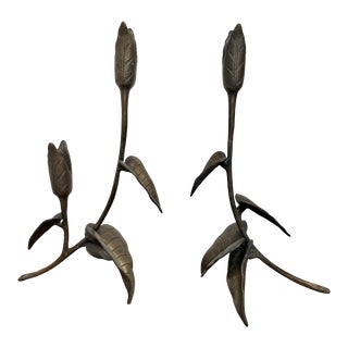 Vintage Brass Sculptural Flower Candle Sticks - a Pair For Sale