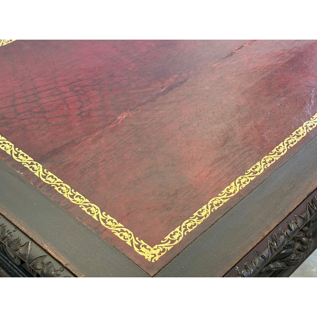 Late 19th Century British Carved Oak Leather Top Writing Table For Sale - Image 11 of 17