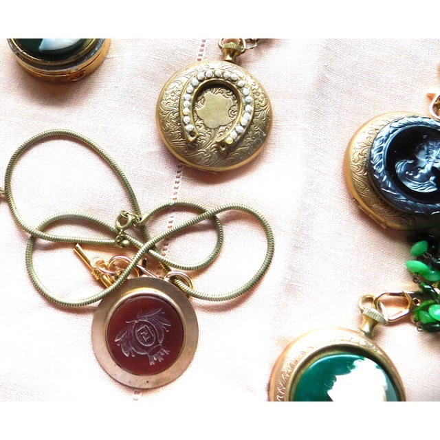 Antique Carved Carnelian Gold Round Pendant Necklace, Initial "F", Snake Chain, Toggle For Sale - Image 4 of 12