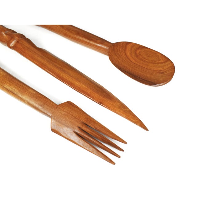 Wood Mid 20th Century Vintage Hand Carved Solid Wood Salad Serving Utensils - Set of 3 For Sale - Image 7 of 10