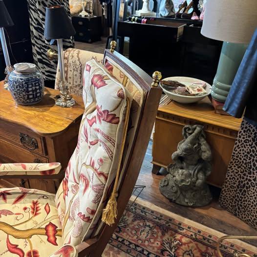 Wood Pair of Mid Century Regency Style Wood Frame Armchairs With Waverly Style Upholstery Fabric and Brass Finial and Tassel Accents For Sale - Image 7 of 14