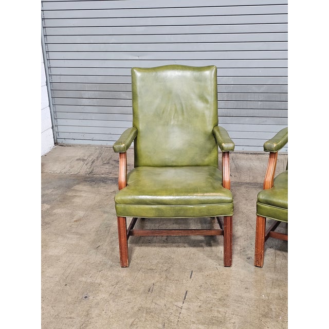 Wood Late 20th Century Pair of Alma Mahogany Armchairs Green Leather Fabric Made in North Carolina For Sale - Image 7 of 11