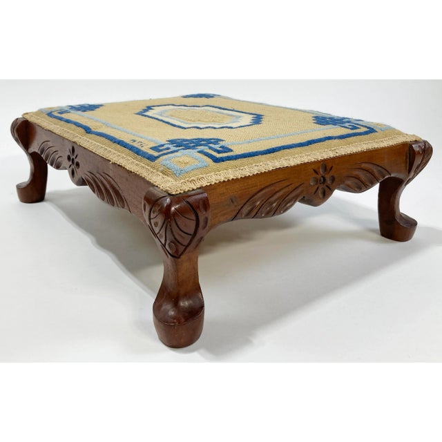 Wood Vintage Needlepoint Carved Wood Footstool For Sale - Image 7 of 9