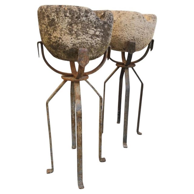 19th Century Carved Stone Planters on Wrought Iron Stands, 1880, Set of 2 For Sale - Image 10 of 10