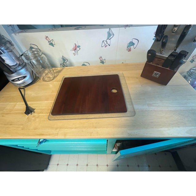 Vintage Industrial Rolling Kitchen Island / Butcher Block Cart – Teal For Sale - Image 4 of 5