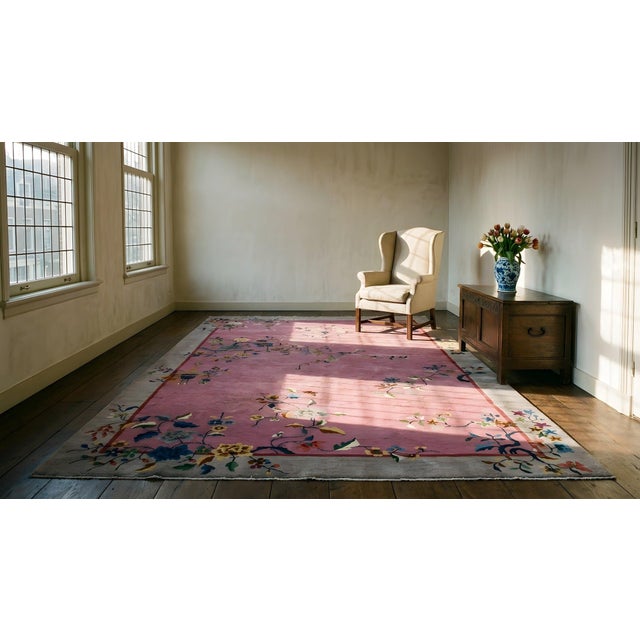 1920s Purple Floral Antique Chinese Art Deco Carpet 6' X 8'10" Handknotted Wool Rug For Sale - Image 17 of 18