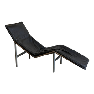 Black Leather Chaise Lounge With Tubular Metal Frame Mid-Century Modern 1970s