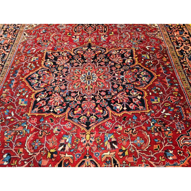 Red Vintage Persian Heriz Serapi Rug, Hand-Knotted Wool, Geometric Medallion Pattern, Red & Navy, 10x13 For Sale - Image 8 of 14