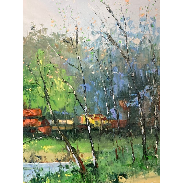 Signed A. Furukawa Impressionist MCM Oil on Canvas, Rural Scene With Freight Train For Sale - Image 4 of 8