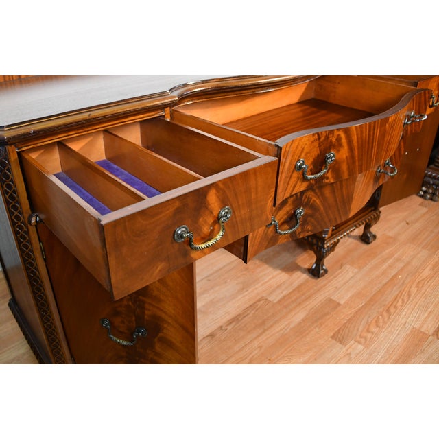 1930s Antique Mahogany Sideboard Server With Bookmatched Veneer and Claw Feet For Sale - Image 15 of 18