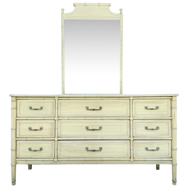 Vintage Coastal Faux Bamboo Bali Hai Dresser With Mirror by Henry Link For Sale