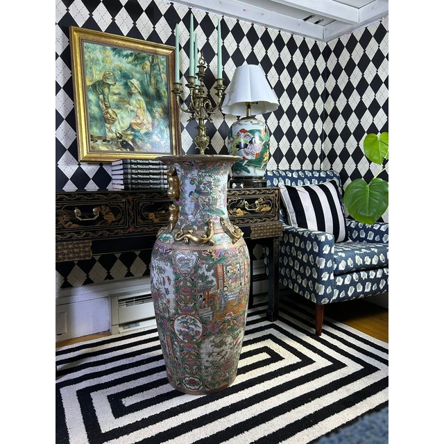 Chinese Famille Rose Floor Vases With Figural Panels and Gilt Dragon Handles, 38" For Sale - Image 16 of 18