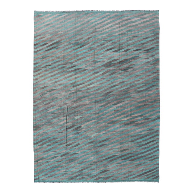 Hand-Woven Modern Kilim Rug by Keivan Woven Arts, Green & Gray 7'9 X 11'5 For Sale